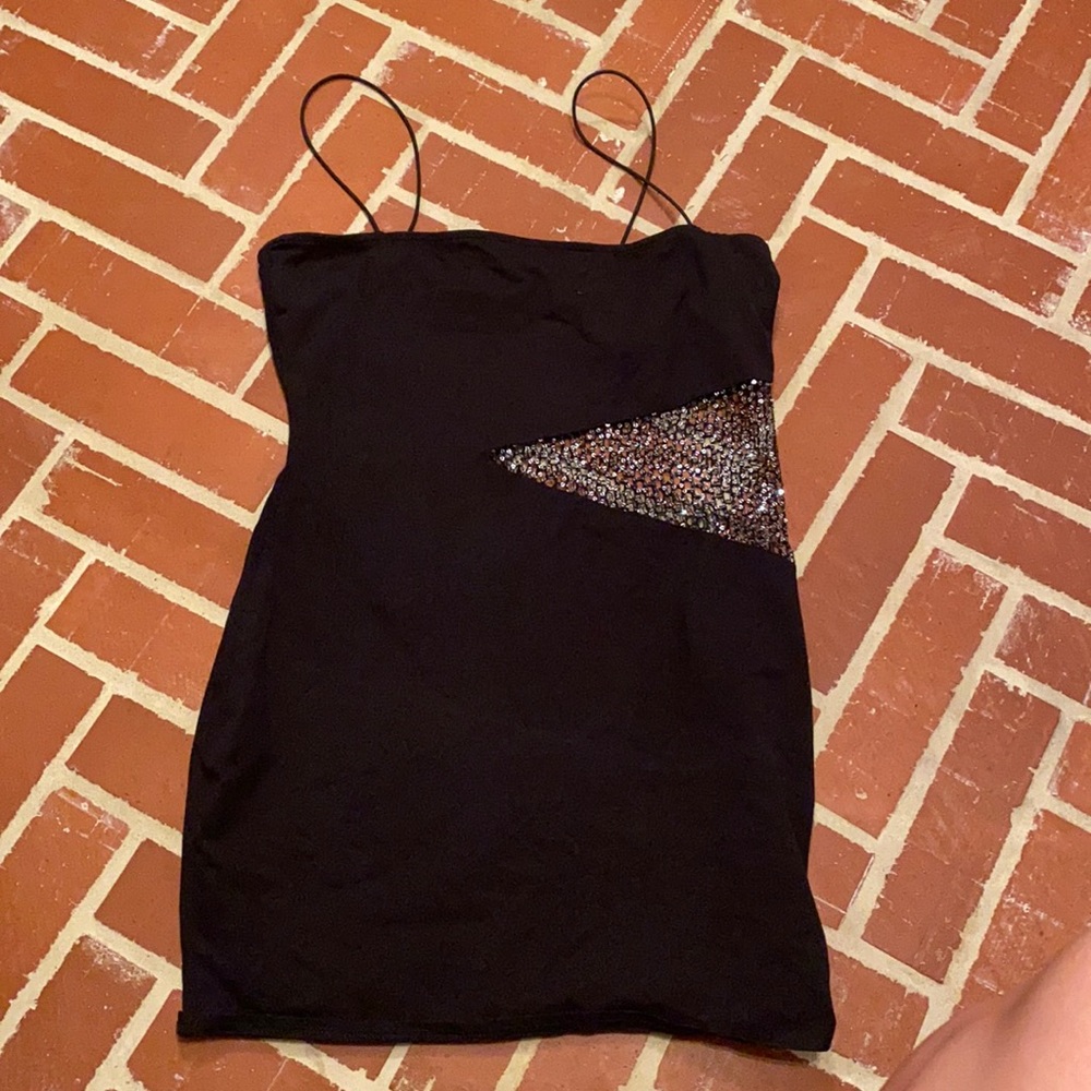 Mini black dress with mesh cutout